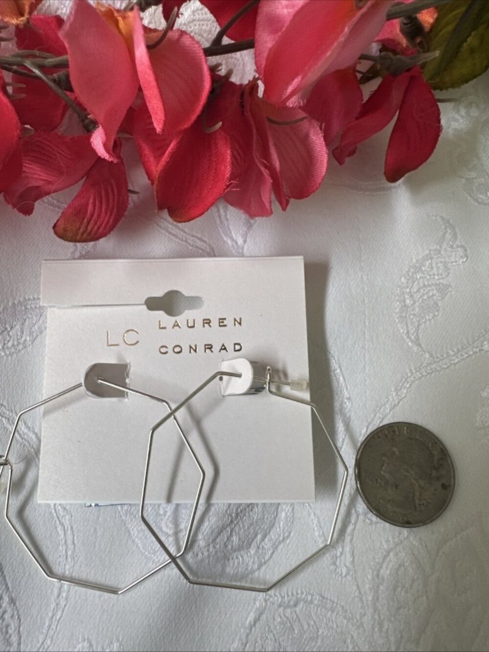 LC Lauren Conrad Silver Tone Dainty Wire Octagon Dangle Drop Earrings 2" NEW - Picture 4 of 5